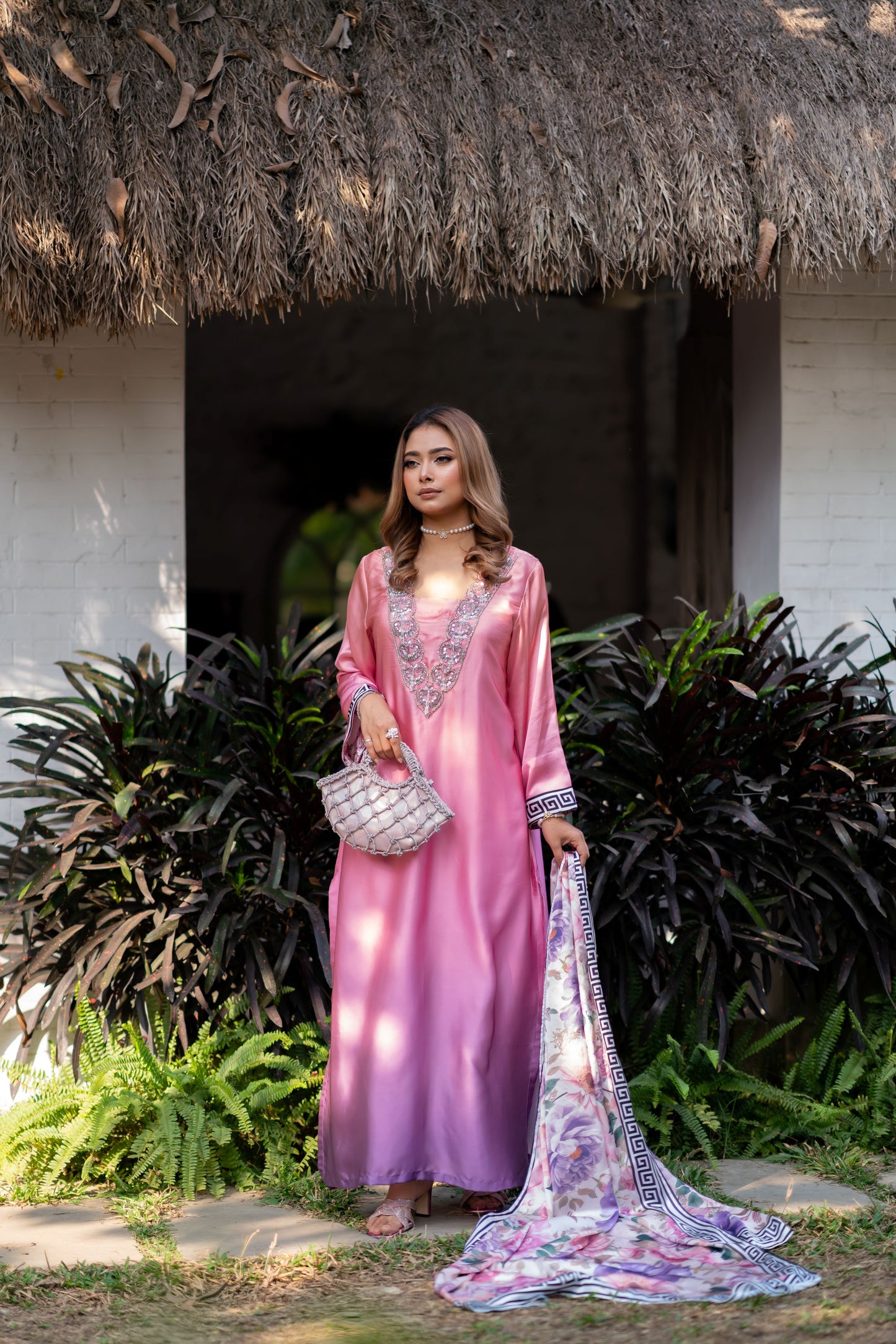 Blush Elegance – Embellished Pink Kameez with Floral Three Piece  Set
