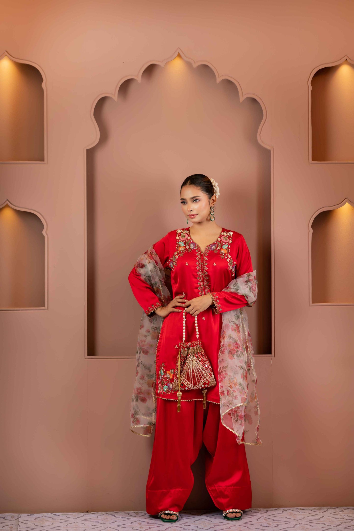 Scarlet Bloom Karchupi Kameez Set