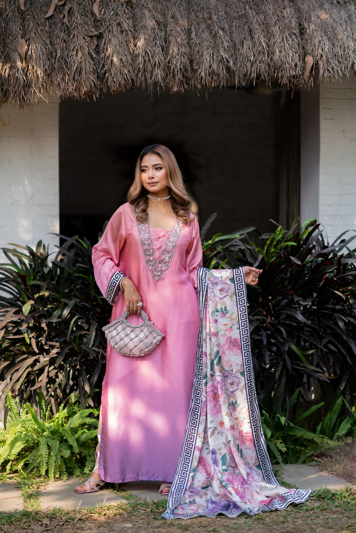 Blush Elegance – Embellished Pink Kameez with Floral Three Piece  Set
