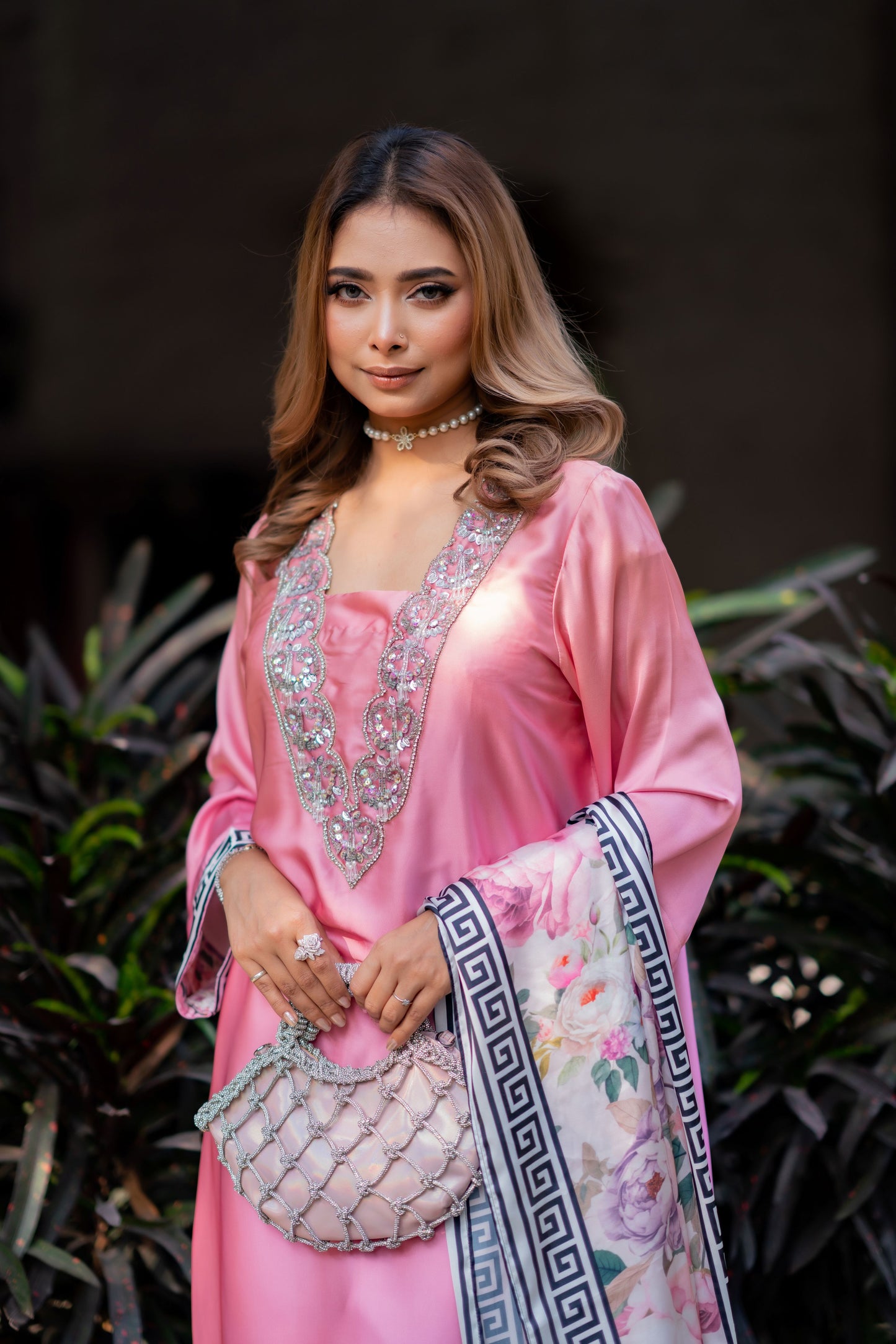 Blush Elegance – Embellished Pink Kameez with Floral Three Piece  Set