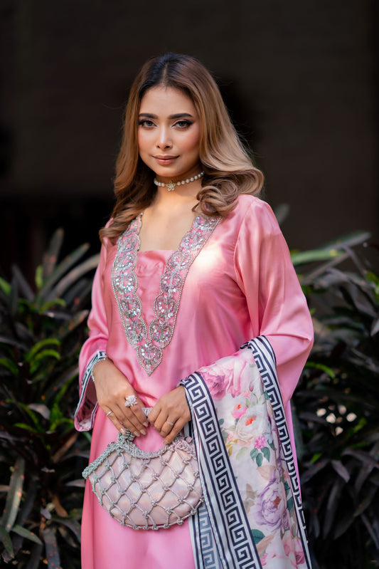 Blush Elegance – Embellished Pink Kaftan with Floral Three Piece  Set