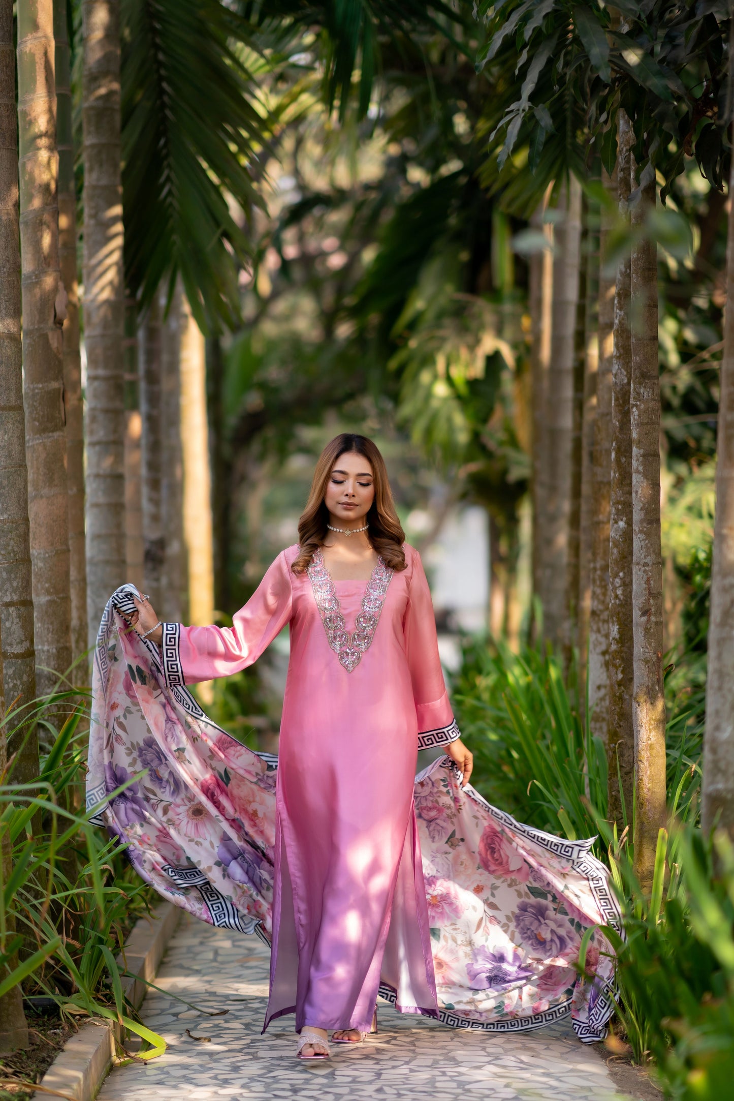 Blush Elegance – Embellished Pink Kameez with Floral Three Piece  Set