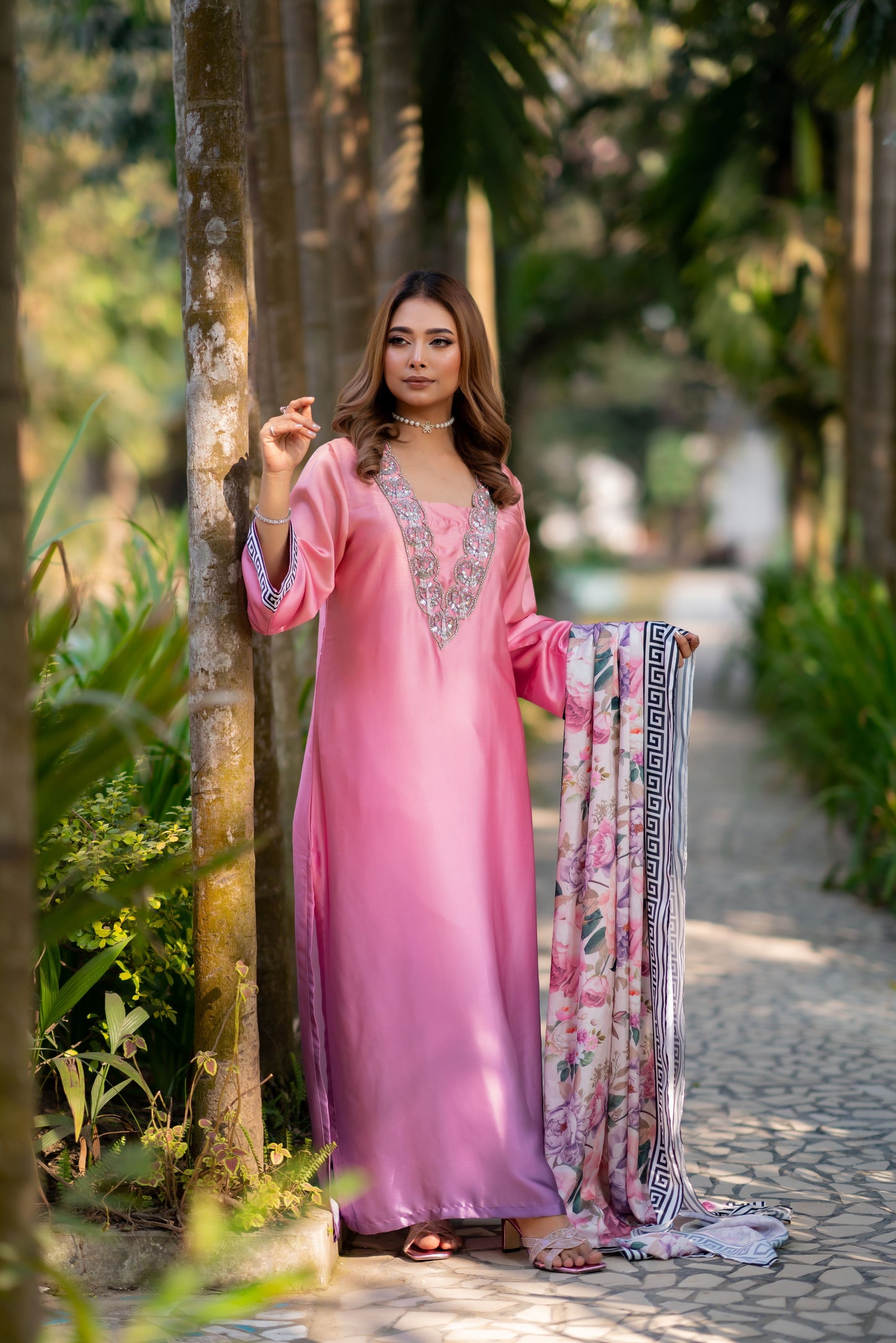 Blush Elegance – Embellished Pink Kameez with Floral Three Piece  Set