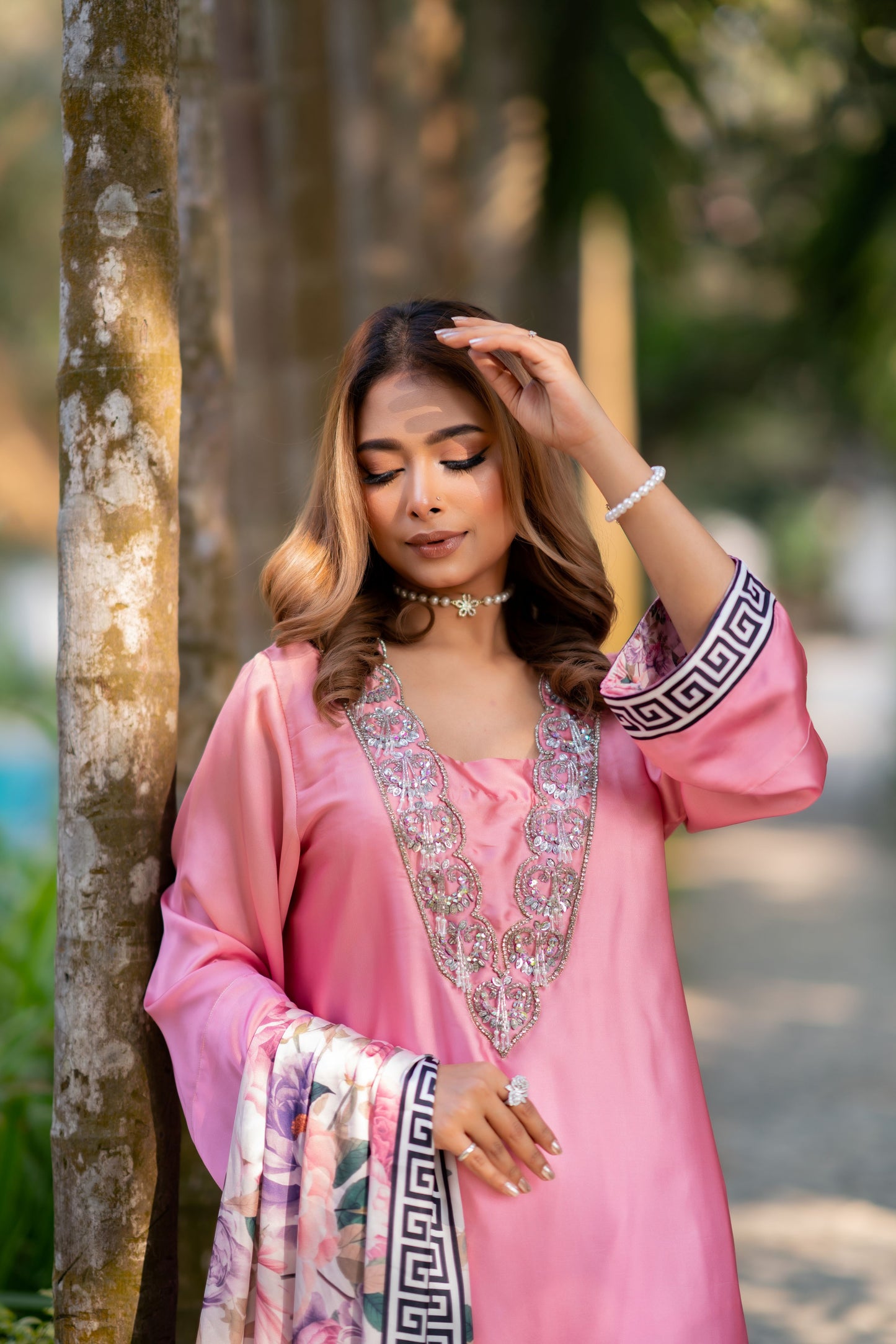 Blush Elegance – Embellished Pink Kameez with Floral Three Piece  Set