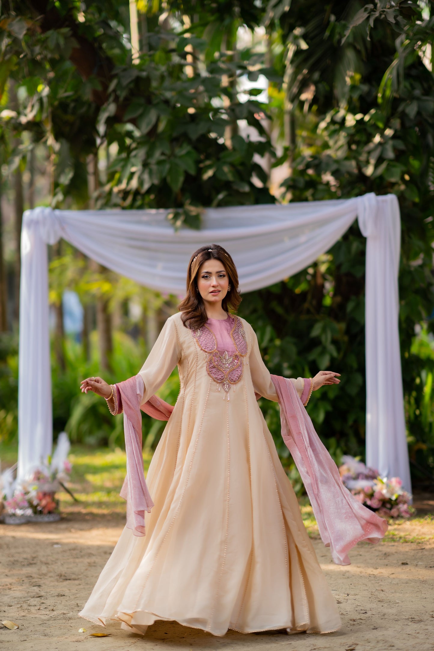 Peach Blossom Anarkali with Blush Dupatta