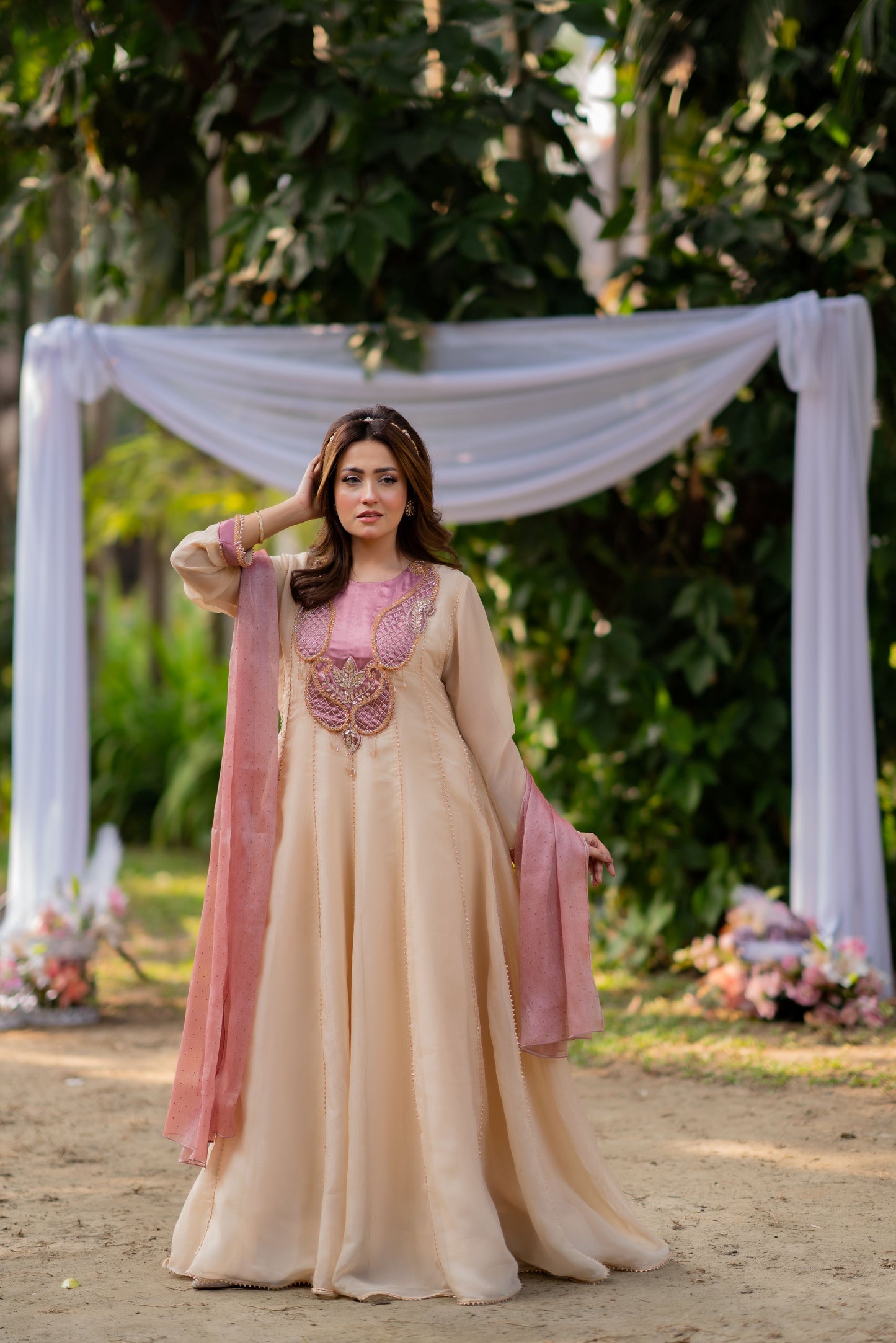 Peach Blossom Anarkali with Blush Dupatta