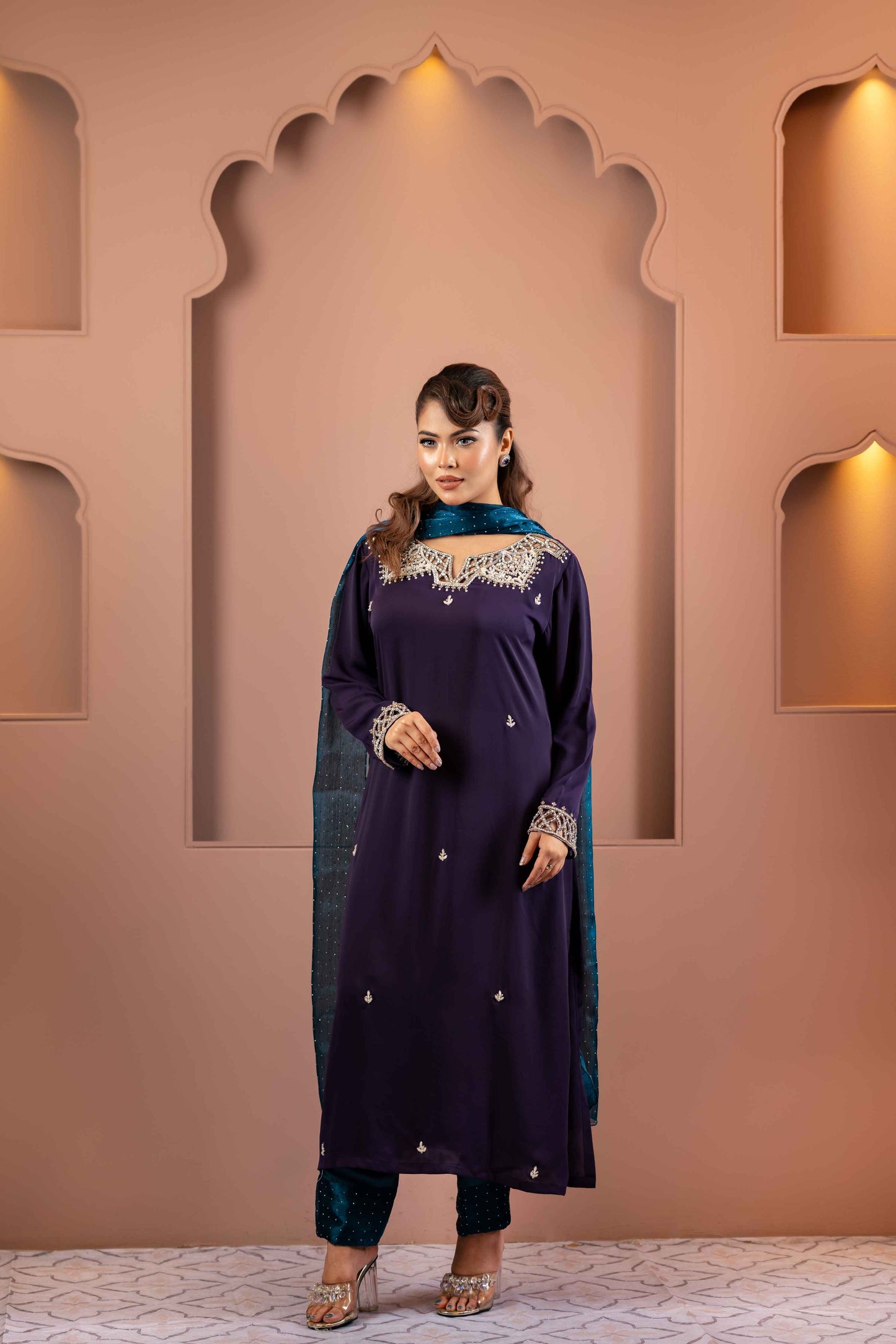 Purple and Teal Shalwar Kameez Set