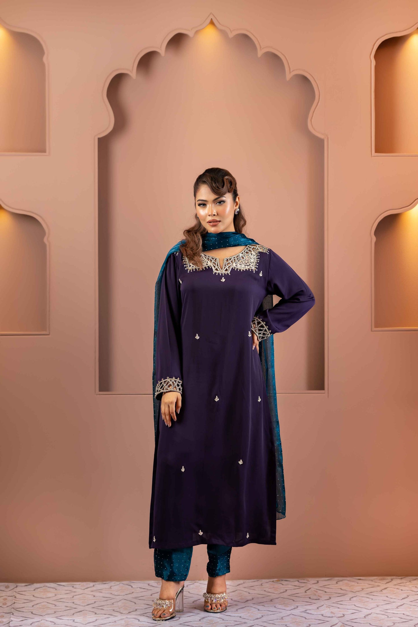 Purple and Teal Shalwar Kameez Set