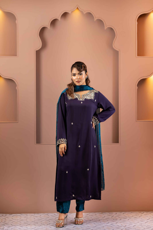 Purple and Teal Shalwar Kameez Set