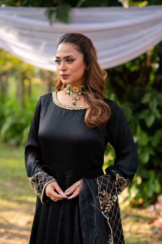 Midnight Majesty Embroidered Ensemble with Emerald Accents