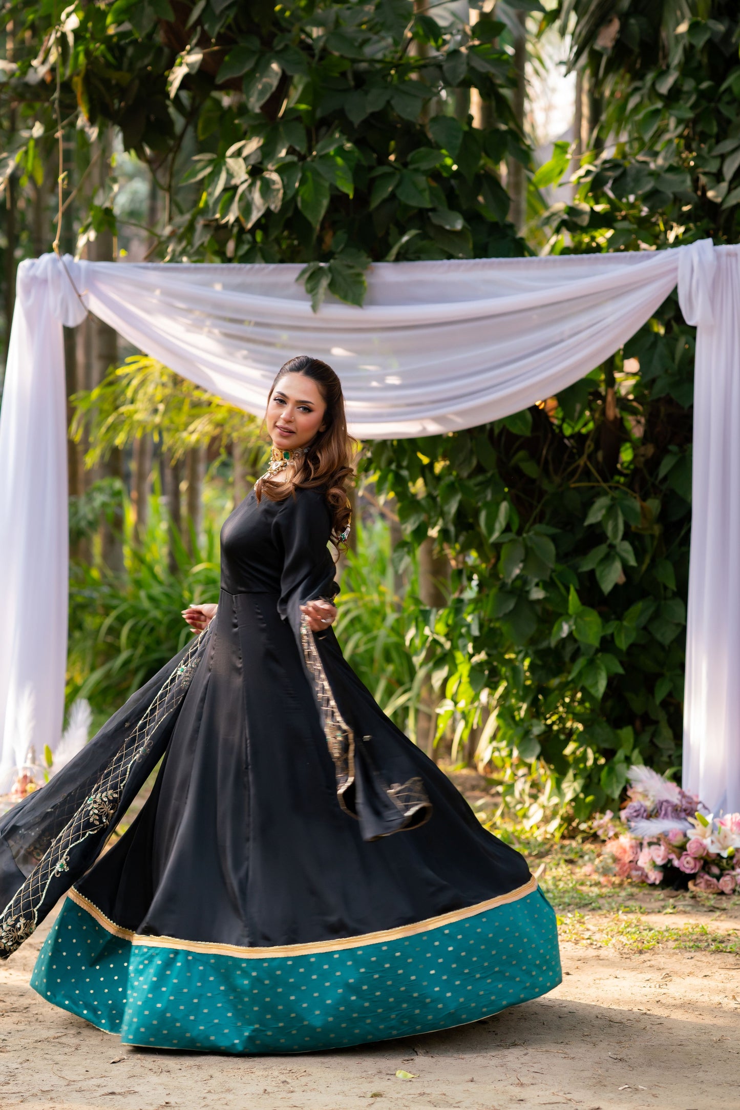 Midnight Majesty Embroidered Ensemble with Emerald Accents