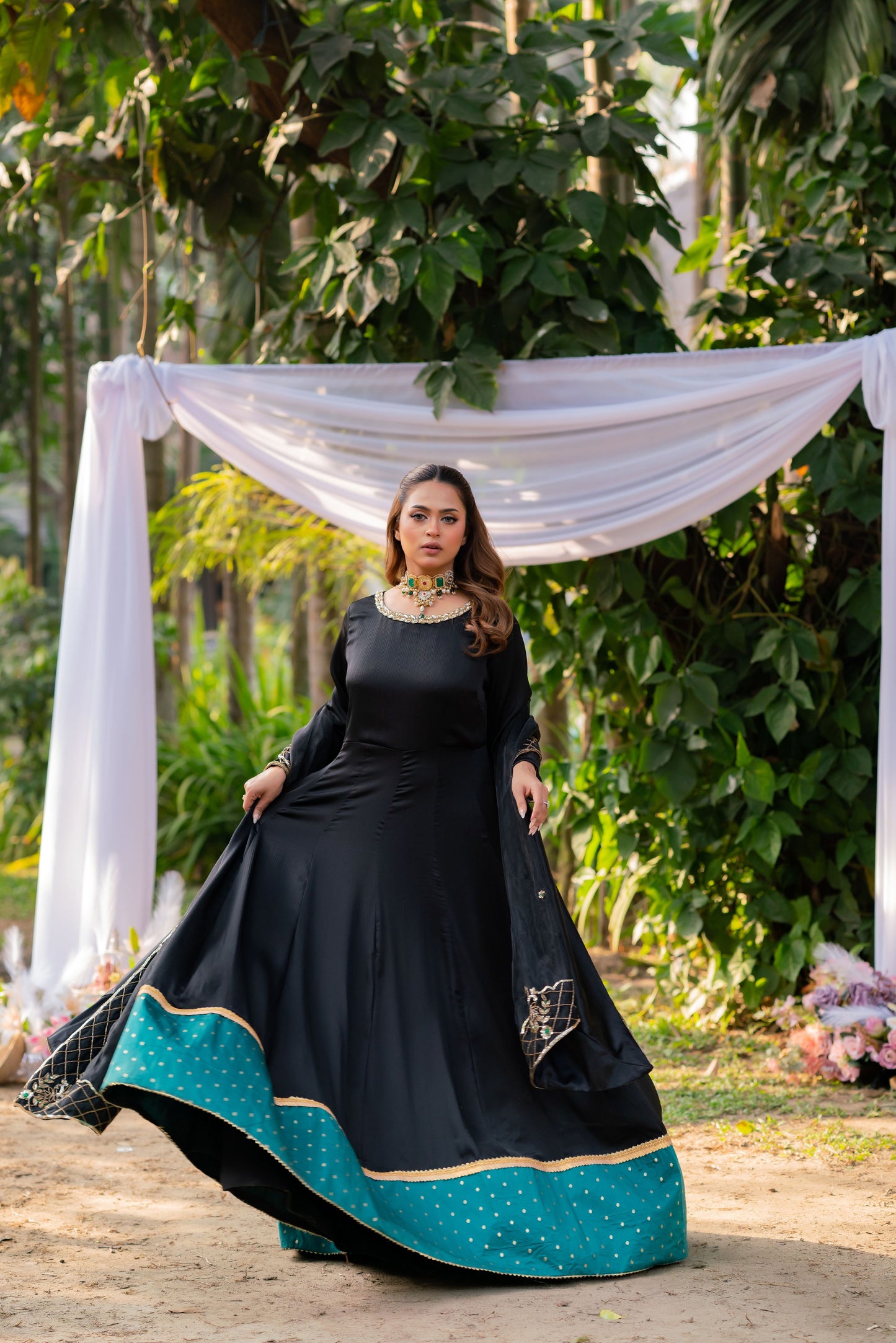 Midnight Majesty Embroidered Ensemble with Emerald Accents