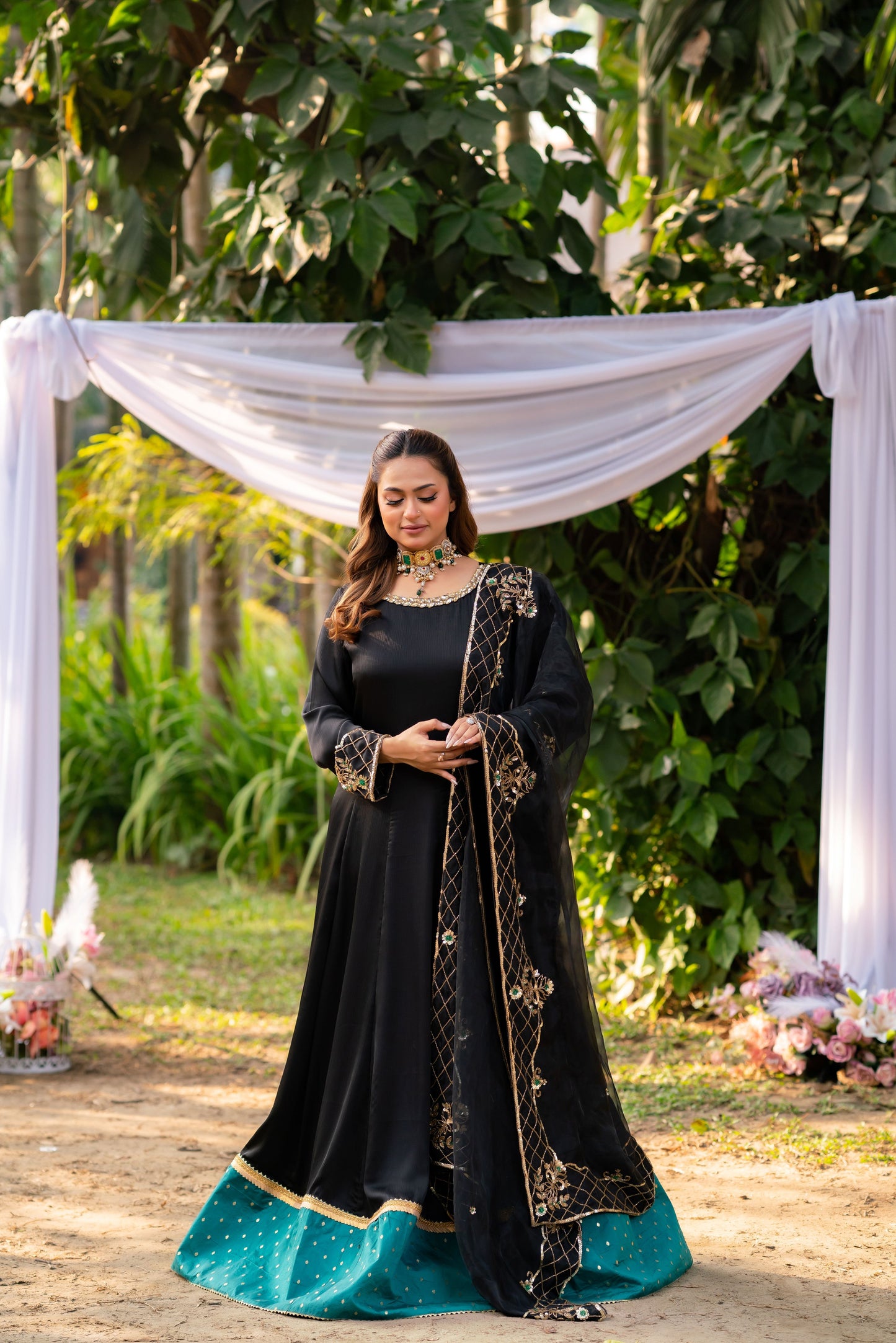Midnight Majesty Embroidered Ensemble with Emerald Accents