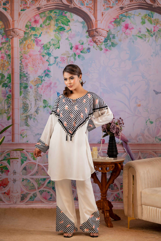 Chic Striped Floral Co-Ord Set in White