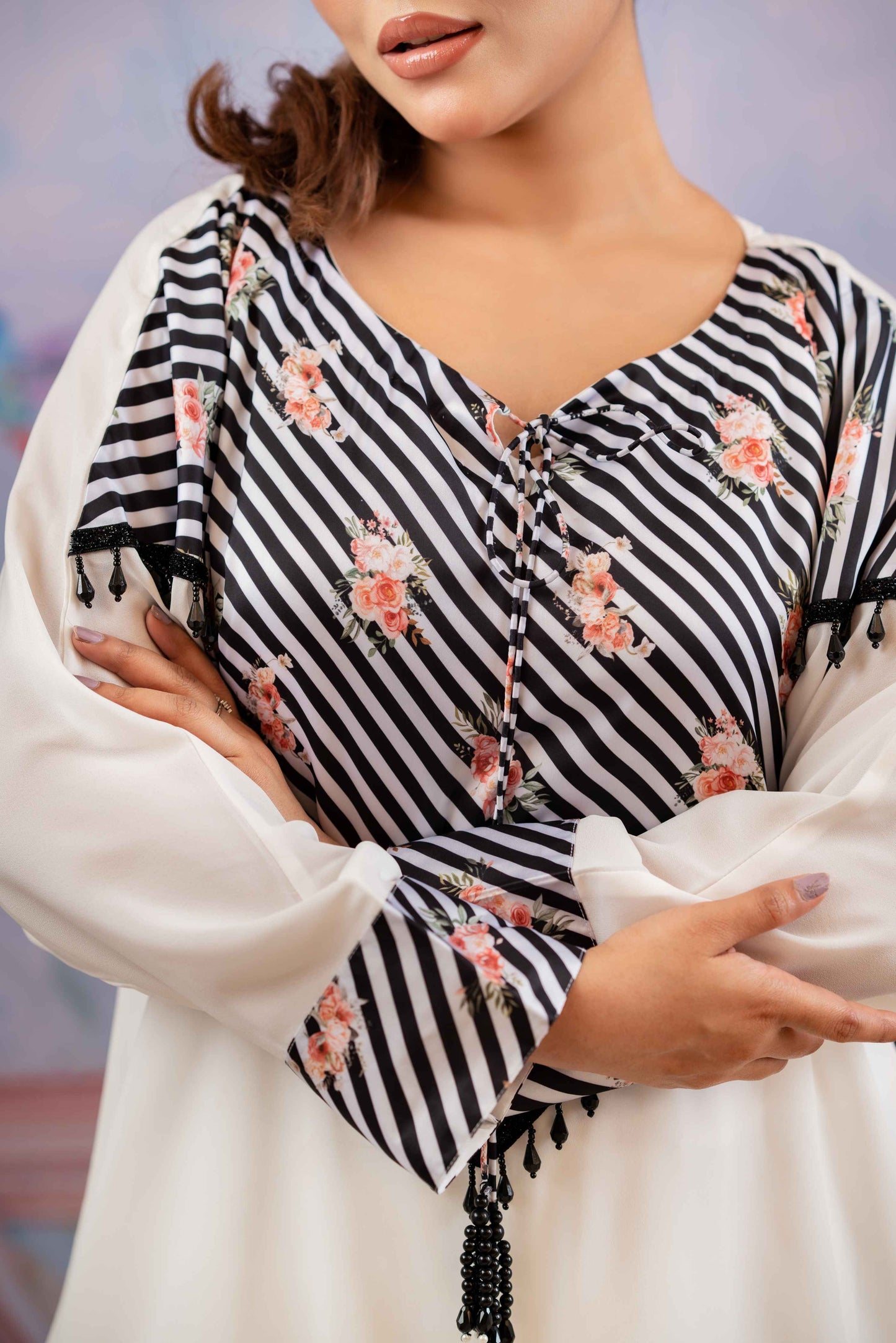 Chic Striped Floral Co-Ord Set in White