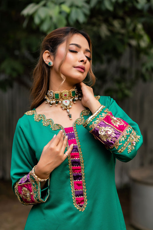 Emerald Elegance with a Crimson Touch Three Piece  Set