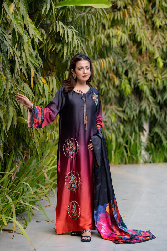 Midnight Bloom Ombre Embroidered Ensemble Three Piece  set