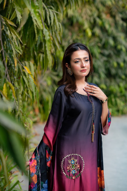 Midnight Bloom Ombre Embroidered Ensemble Three Piece  set