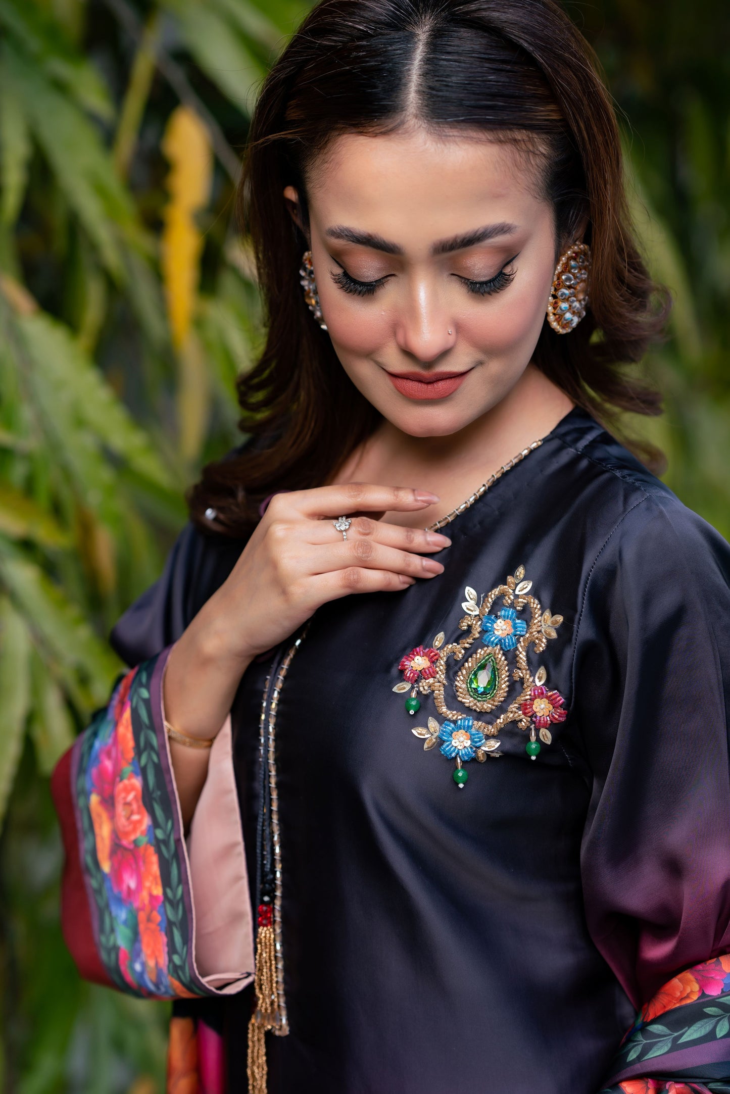 Midnight Bloom Ombre Embroidered Ensemble Three Piece  set