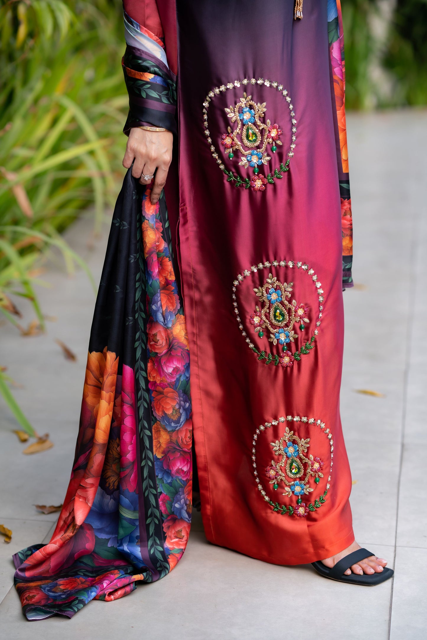 Midnight Bloom Ombre Embroidered Ensemble Three Piece  set