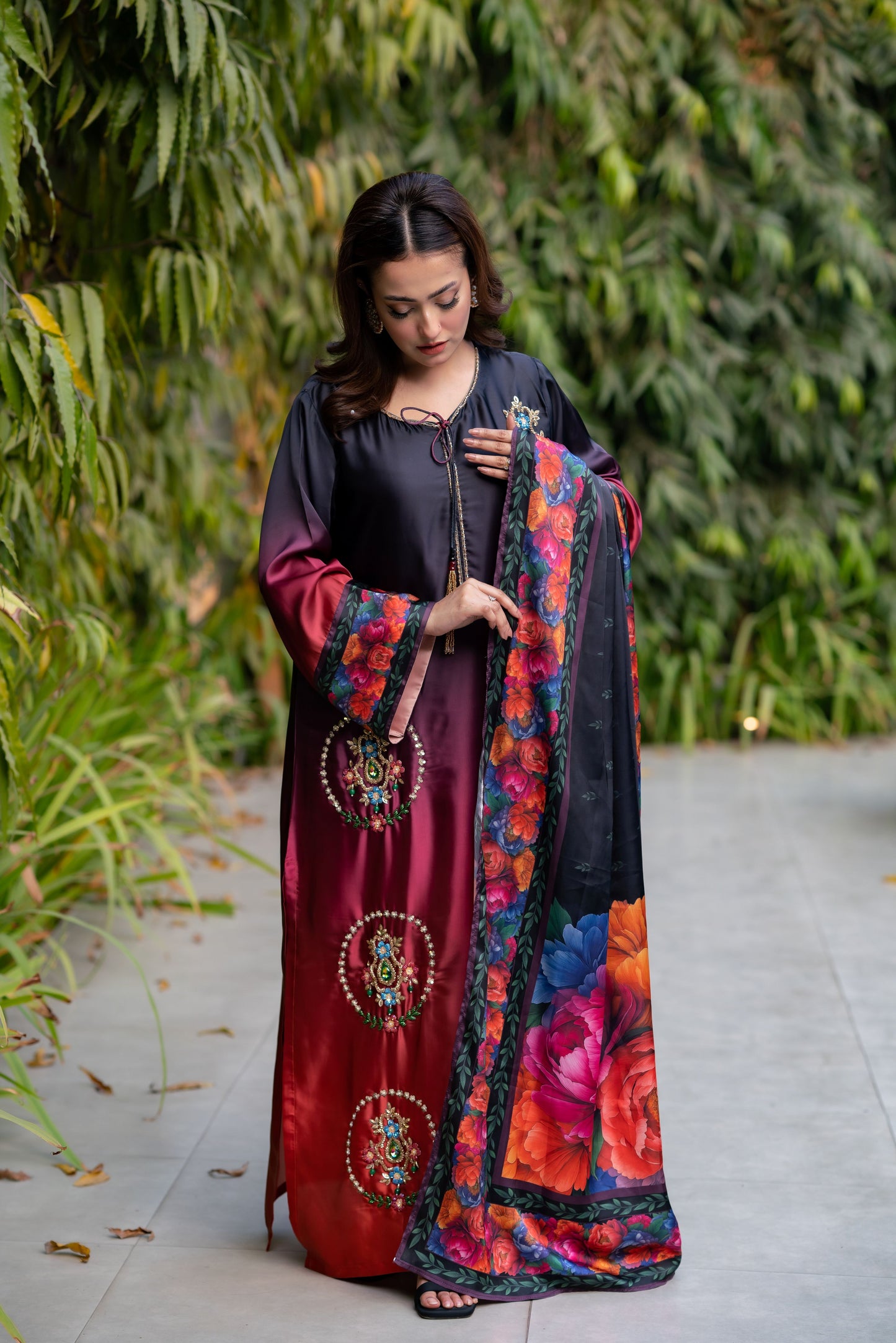 Midnight Bloom Ombre Embroidered Ensemble Three Piece  set