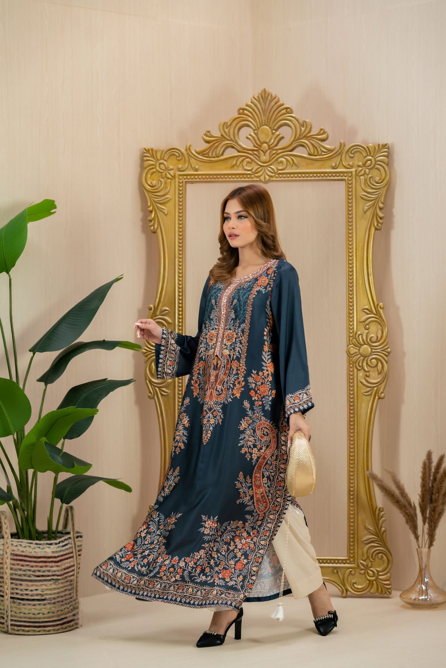 Midnight Teal Heritage Long Kameez