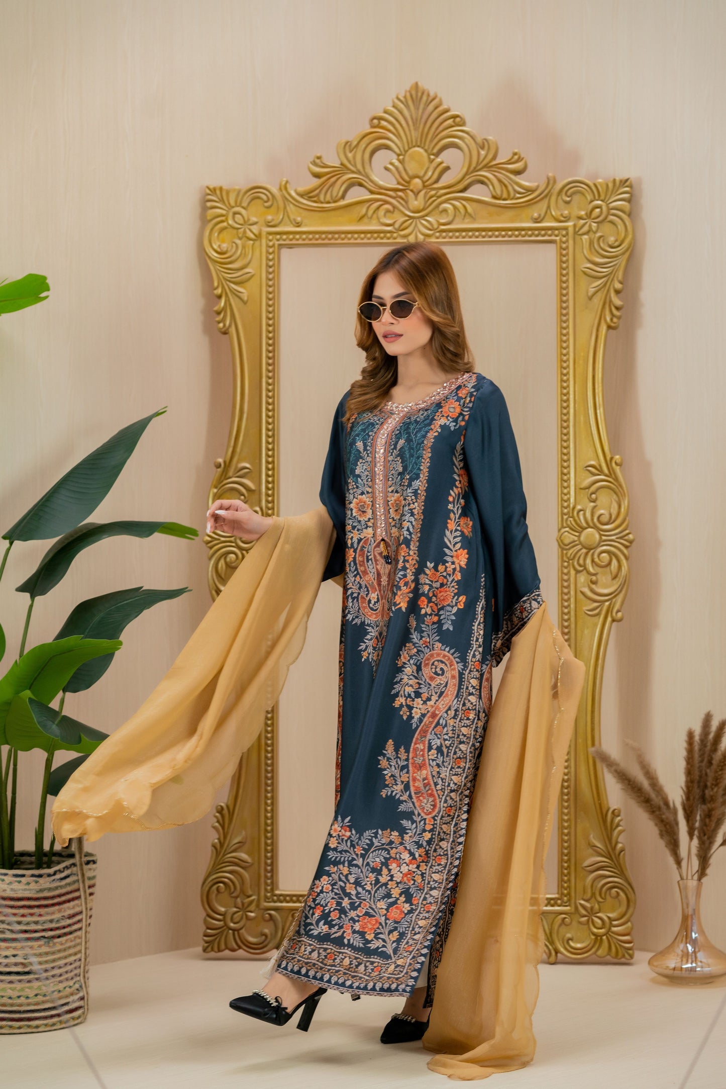 Midnight Teal Heritage Long Kameez