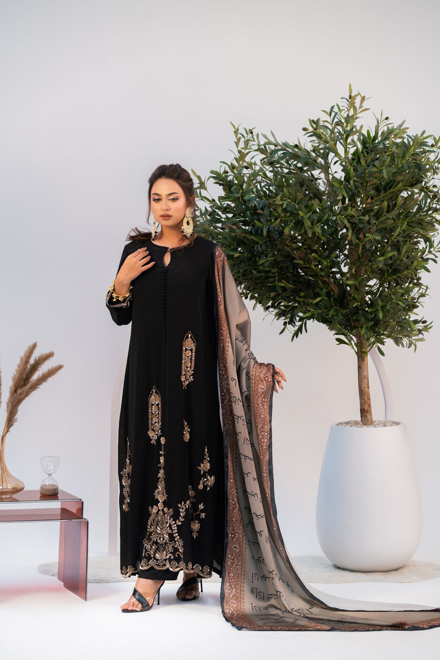 Royal Noir Embellished Three Piece  Set