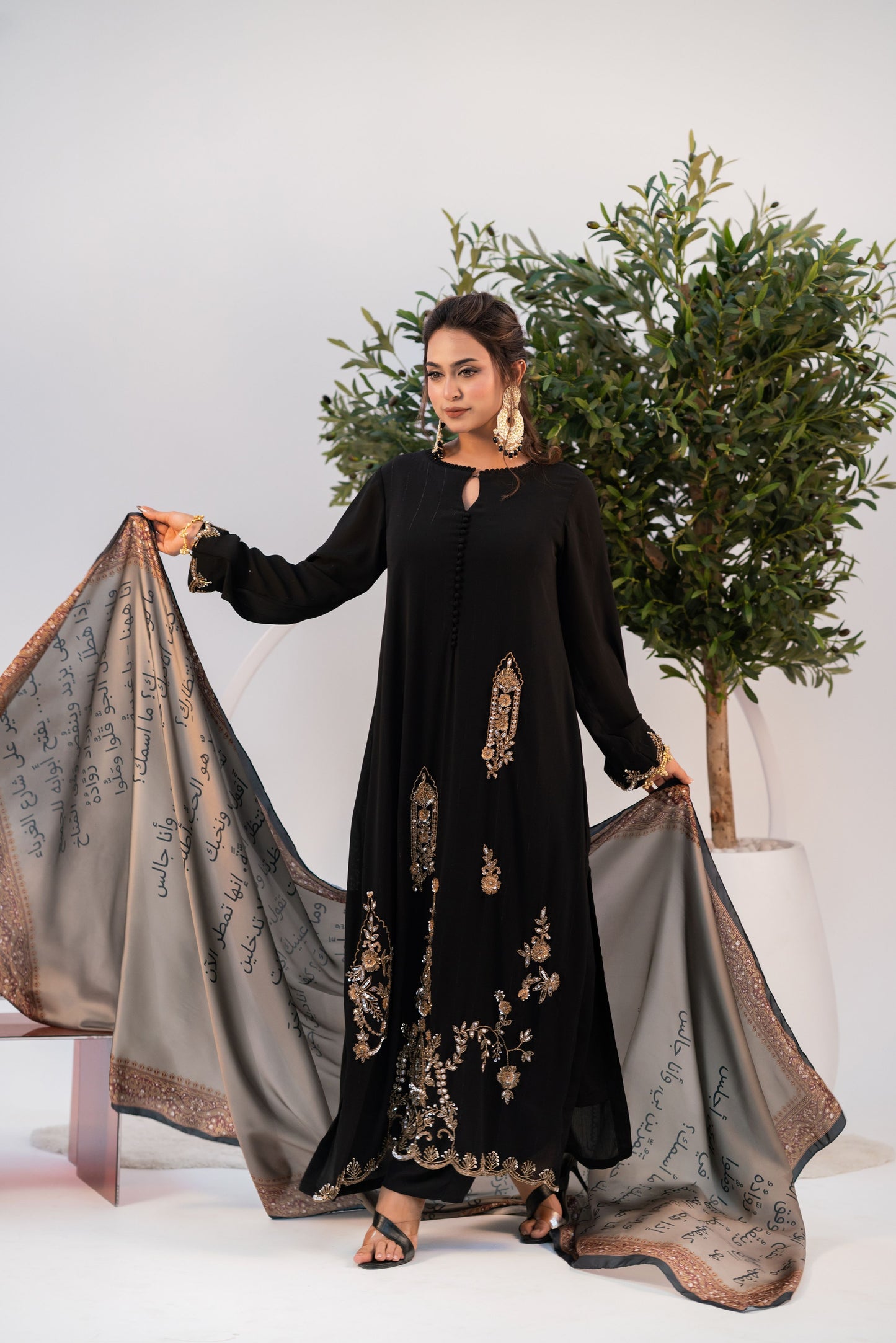 Royal Noir Embellished Three Piece  Set