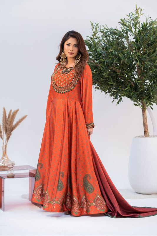 Sunset Ember Traditional Ensemble Anarkali with  Dupatta Set