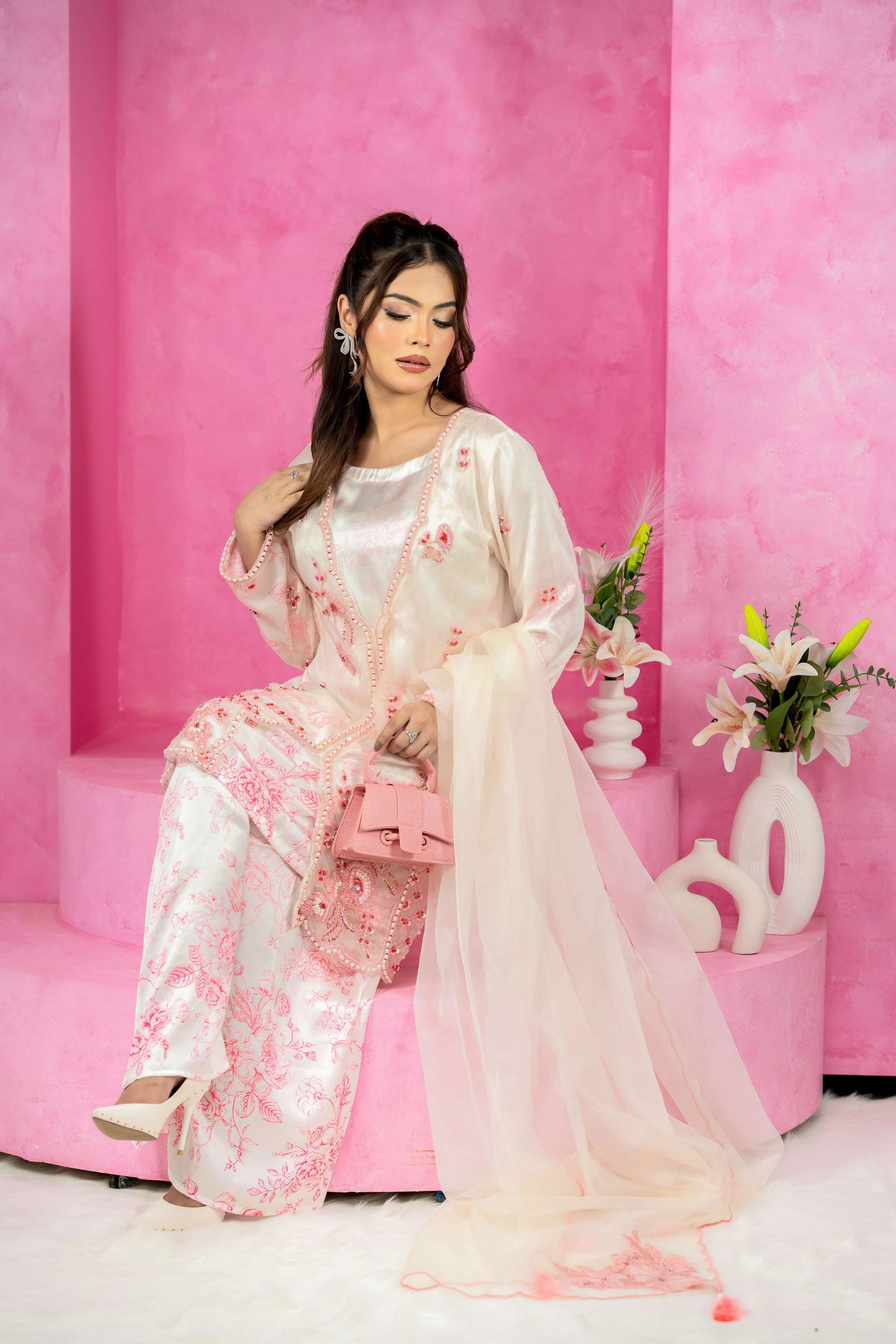Blush Pearl Embroidered Three Piece Set
