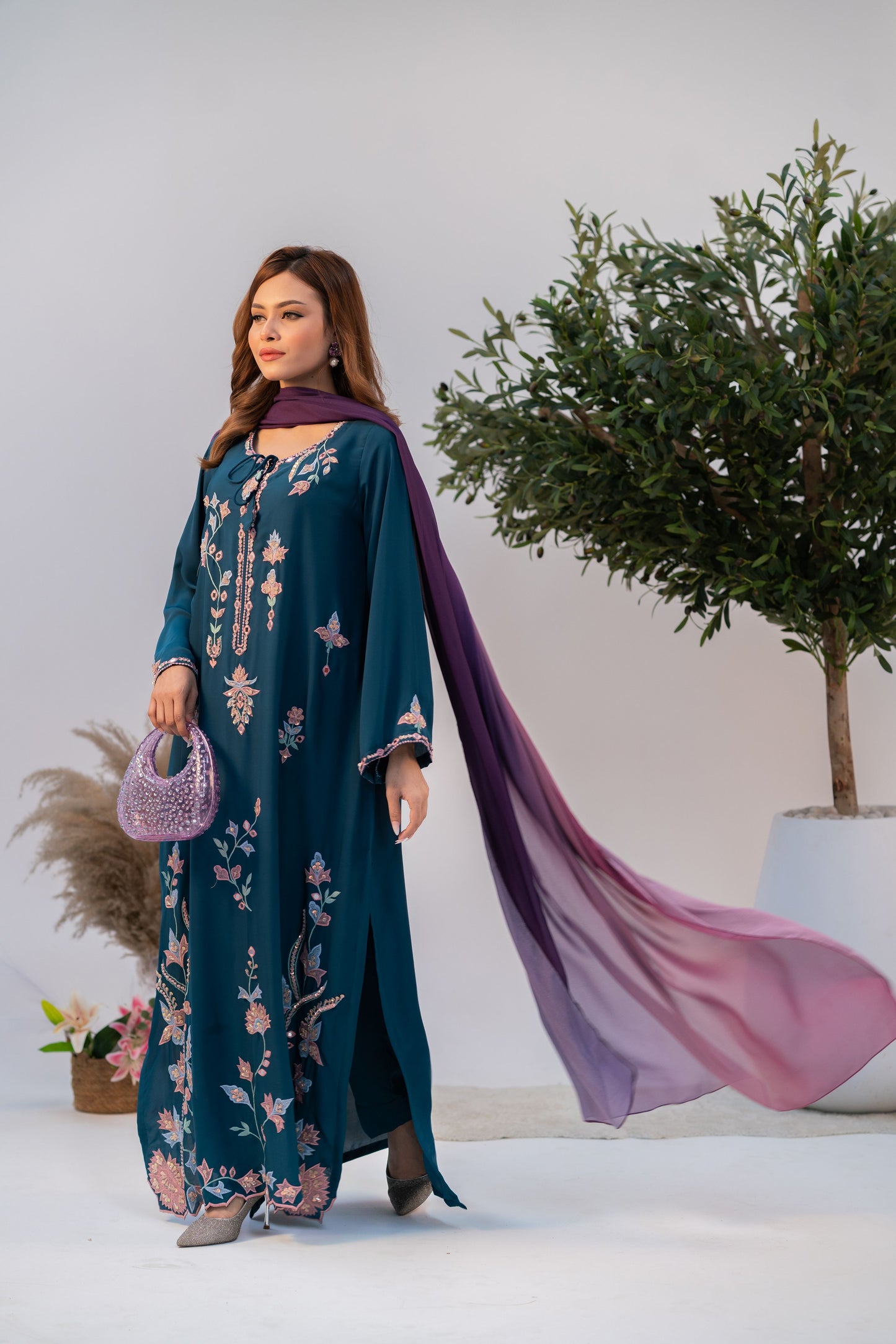 Midnight Teal Embroidered Long Kameez And Pant Set