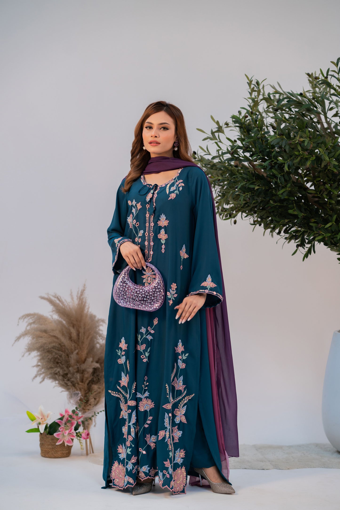Midnight Teal Embroidered Long Kameez And Pant Set