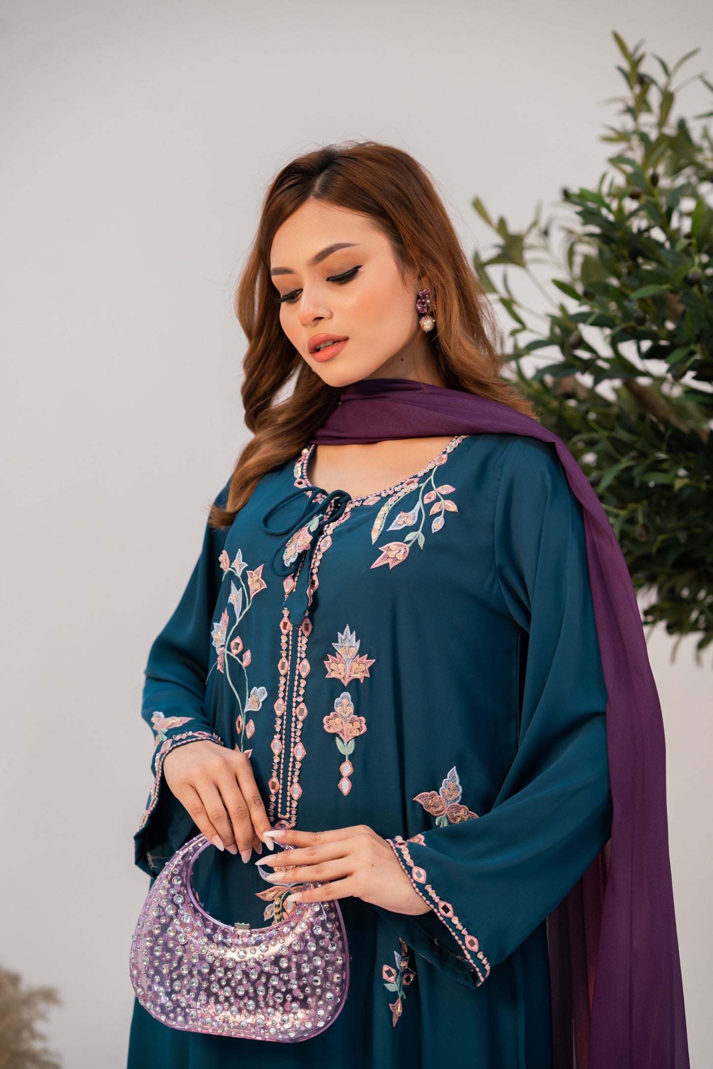 Midnight Teal Embroidered Long Kameez And Pant Set
