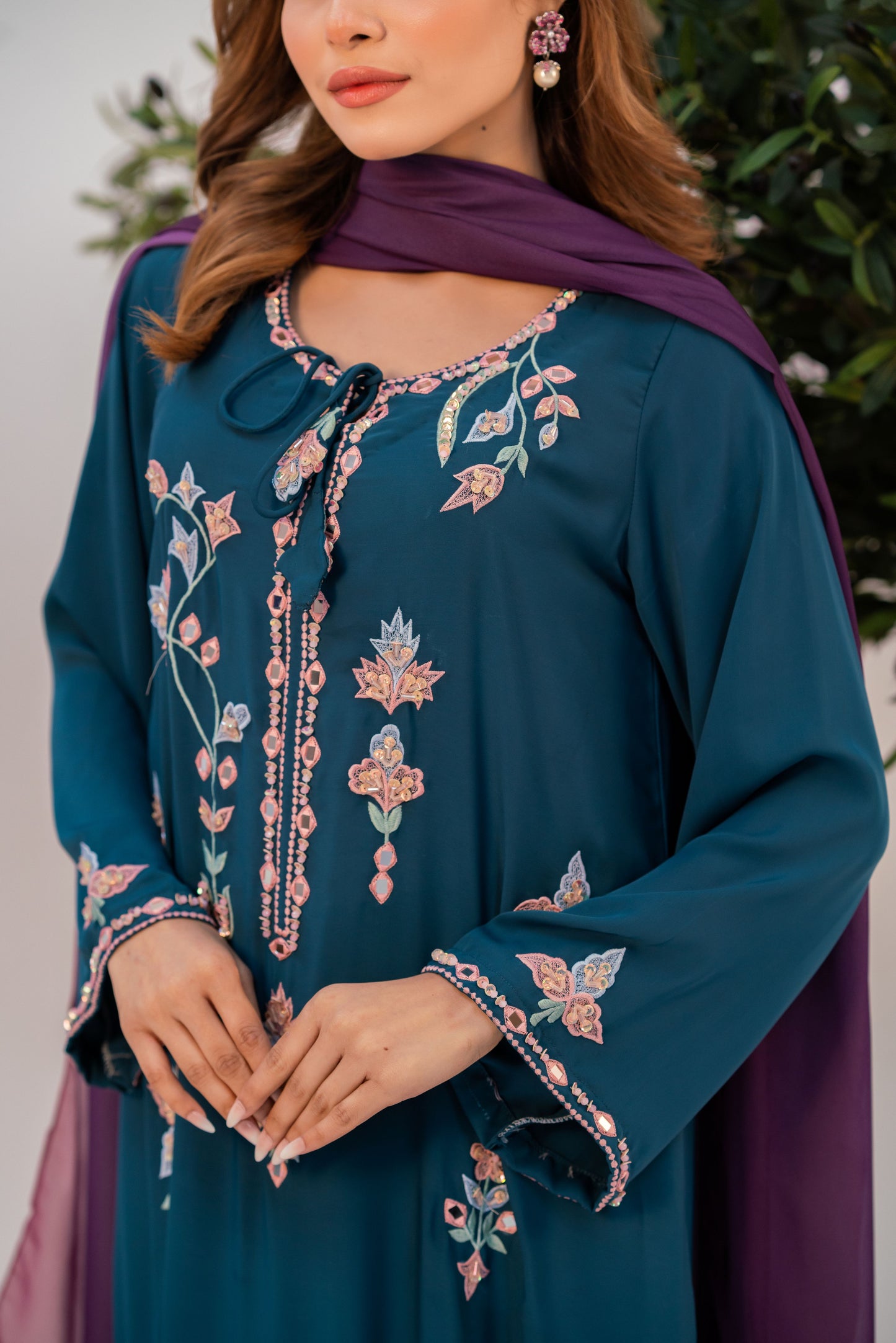 Midnight Teal Embroidered Long Kameez And Pant Set