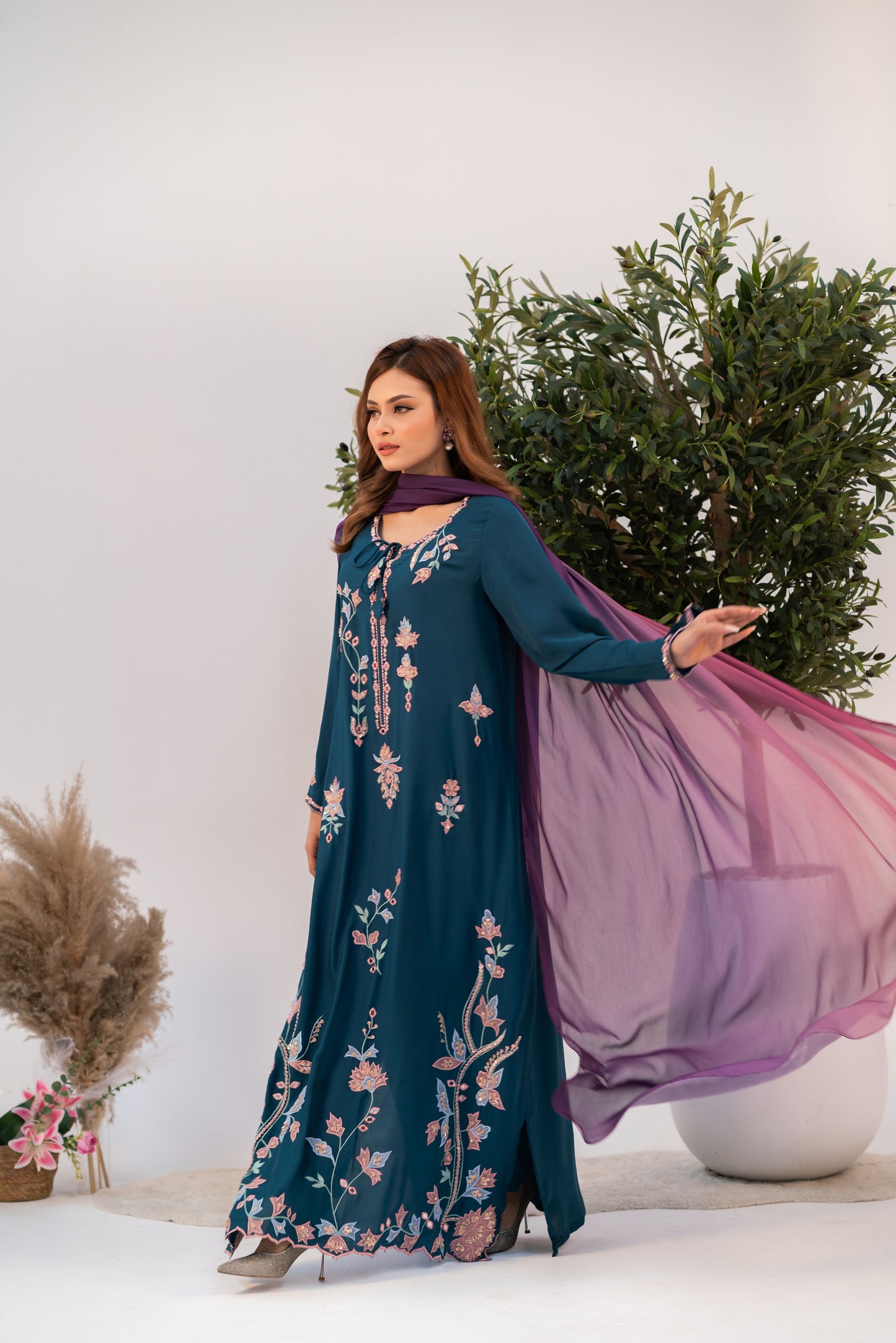 Midnight Teal Embroidered Long Kameez And Pant Set