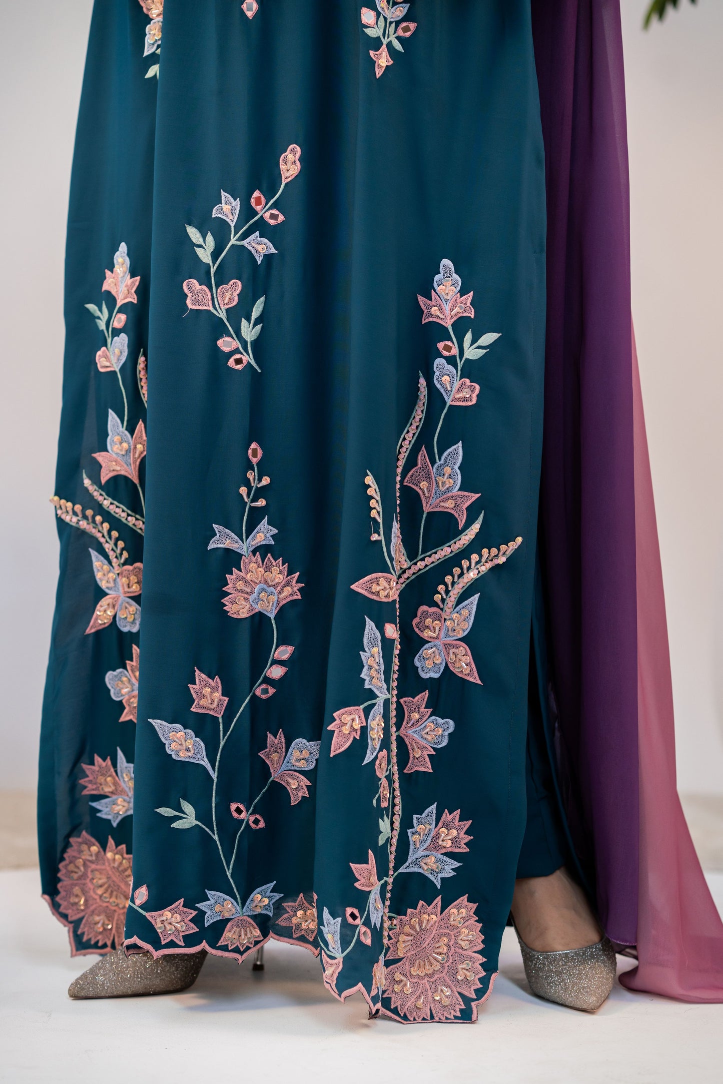 Midnight Teal Embroidered Long Kameez And Pant Set