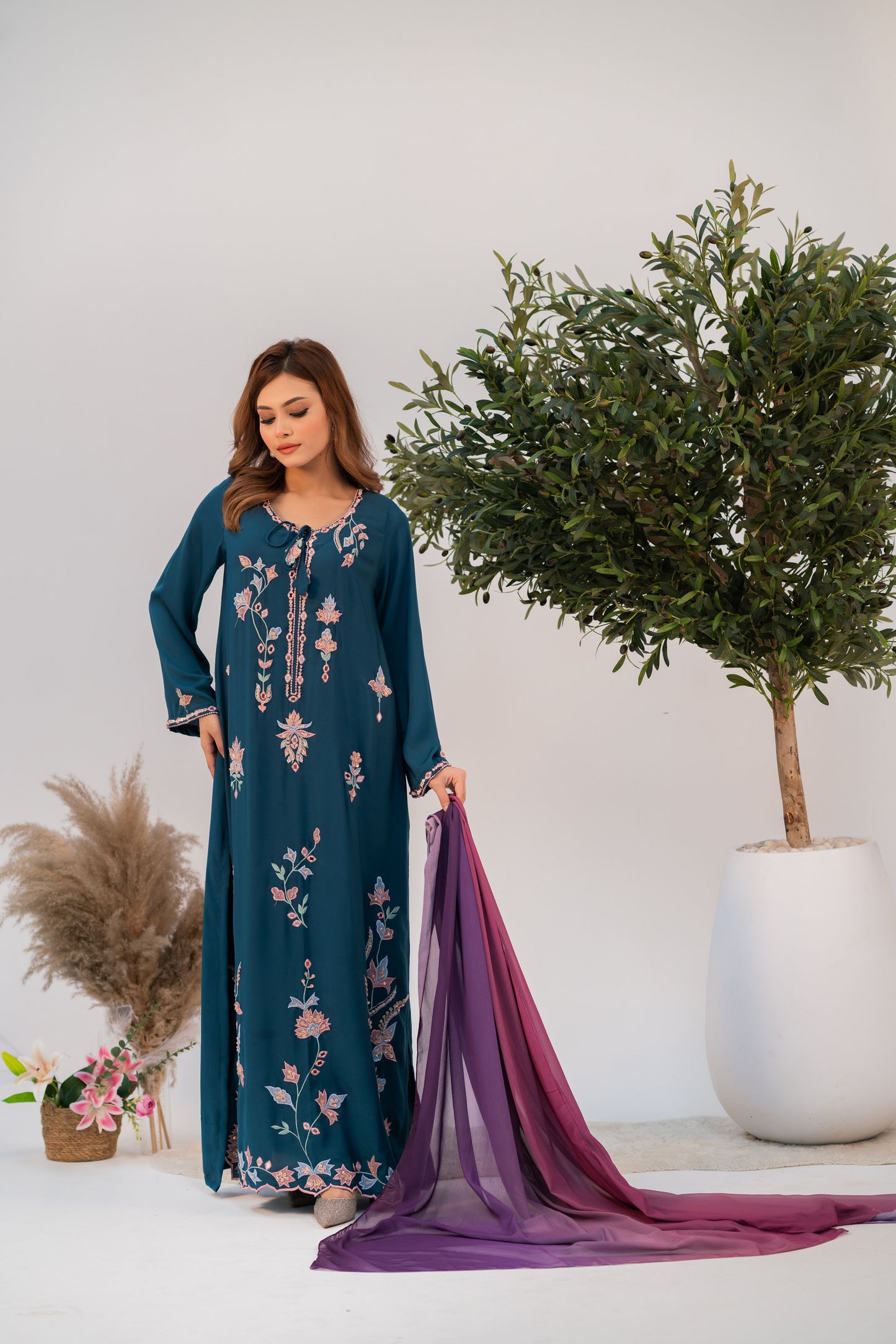 Midnight Teal Embroidered Long Kameez And Pant Set