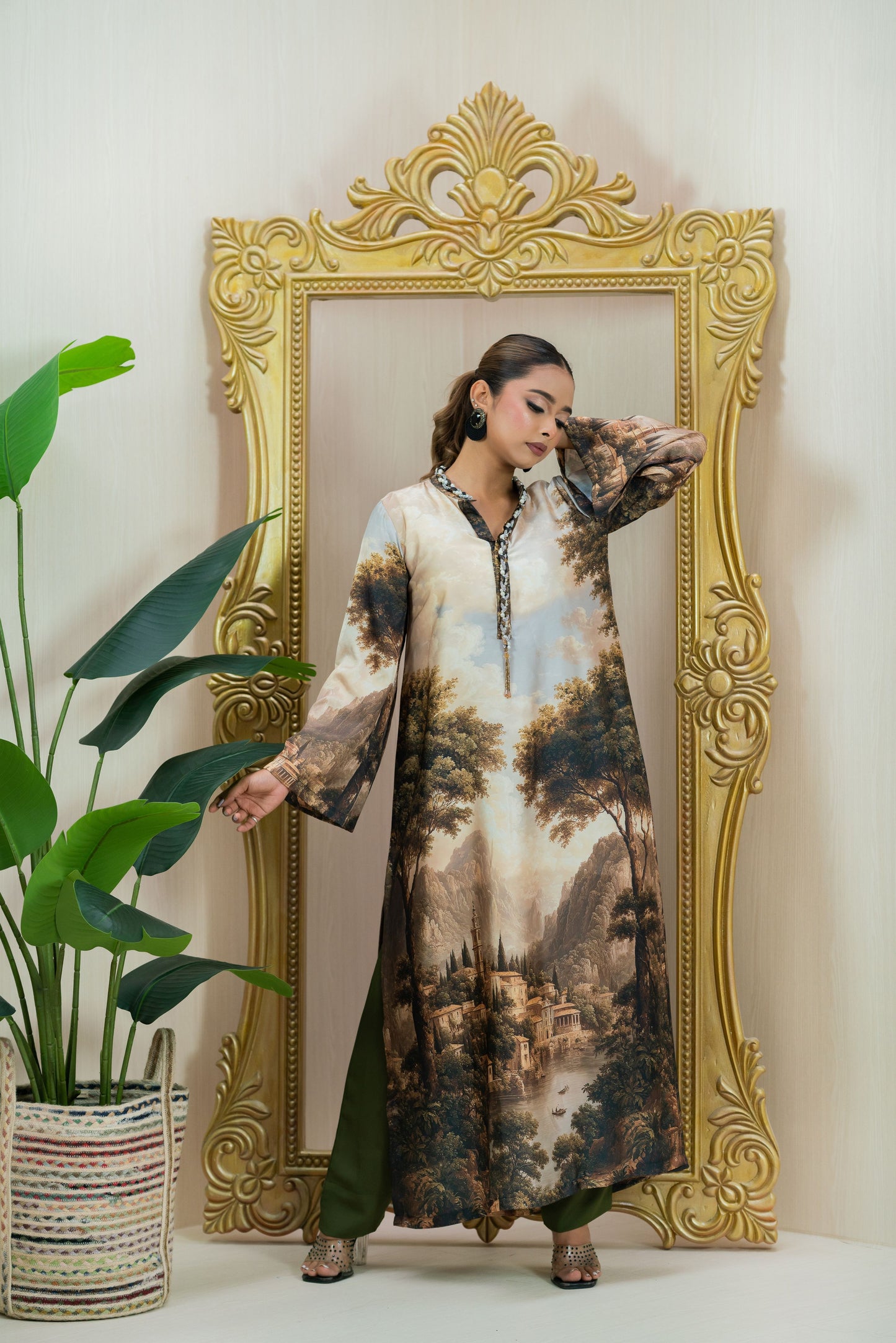 Vintage Landscape Printed Long Kameez