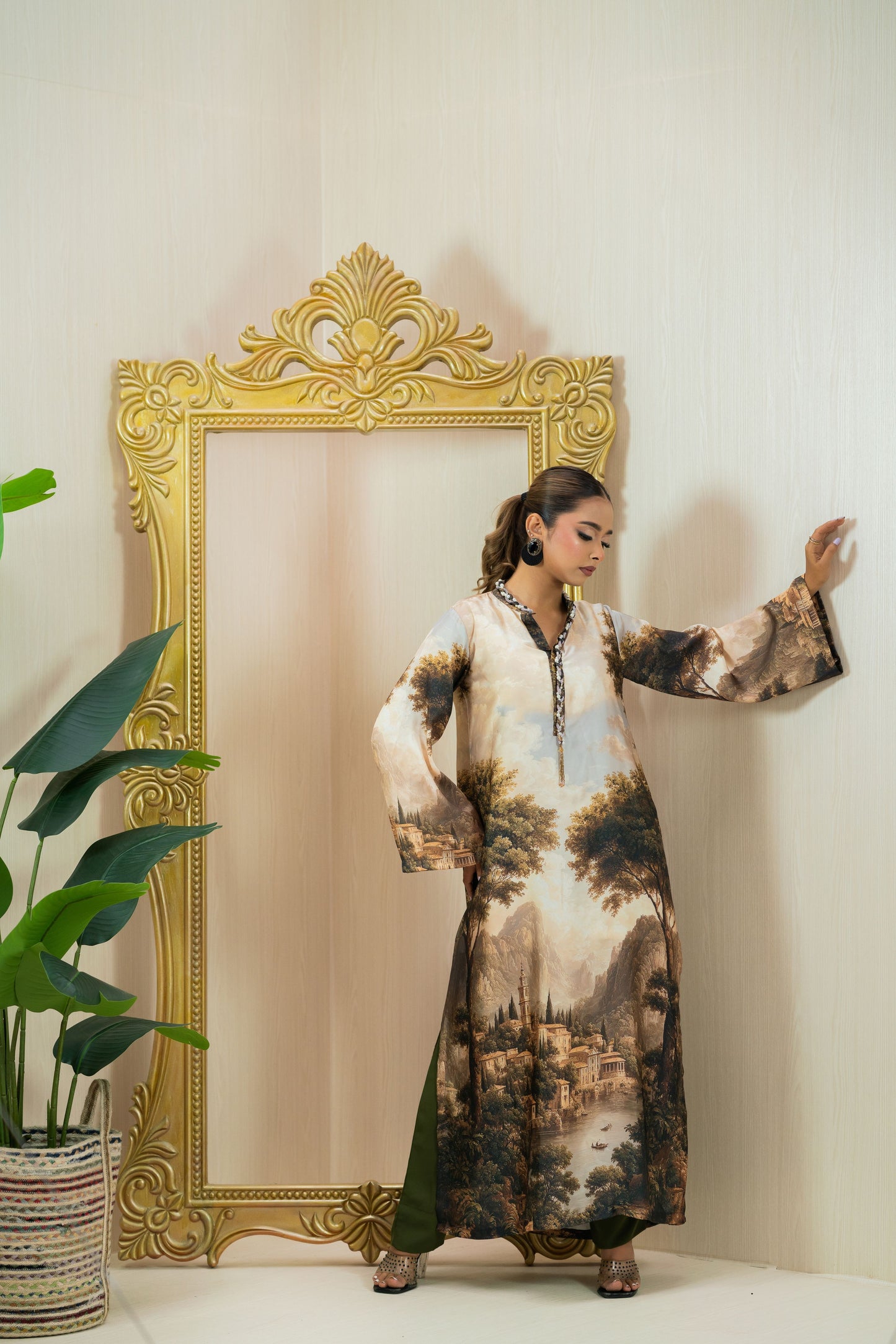 Vintage Landscape Printed Long Kameez