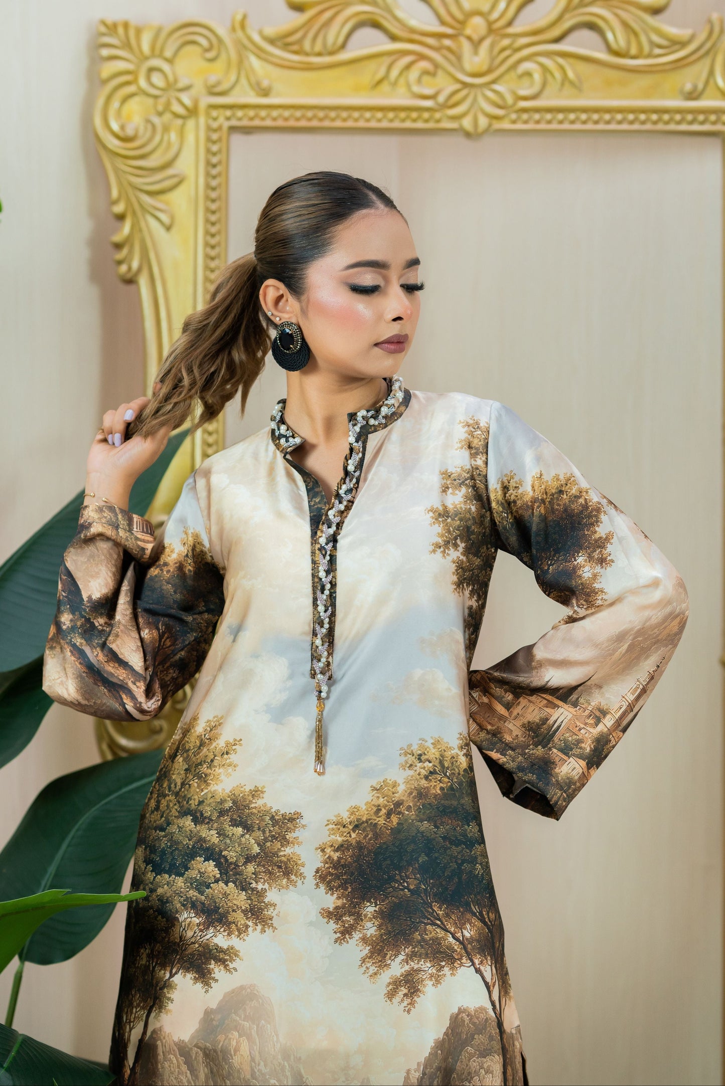 Vintage Landscape Printed Long Kameez