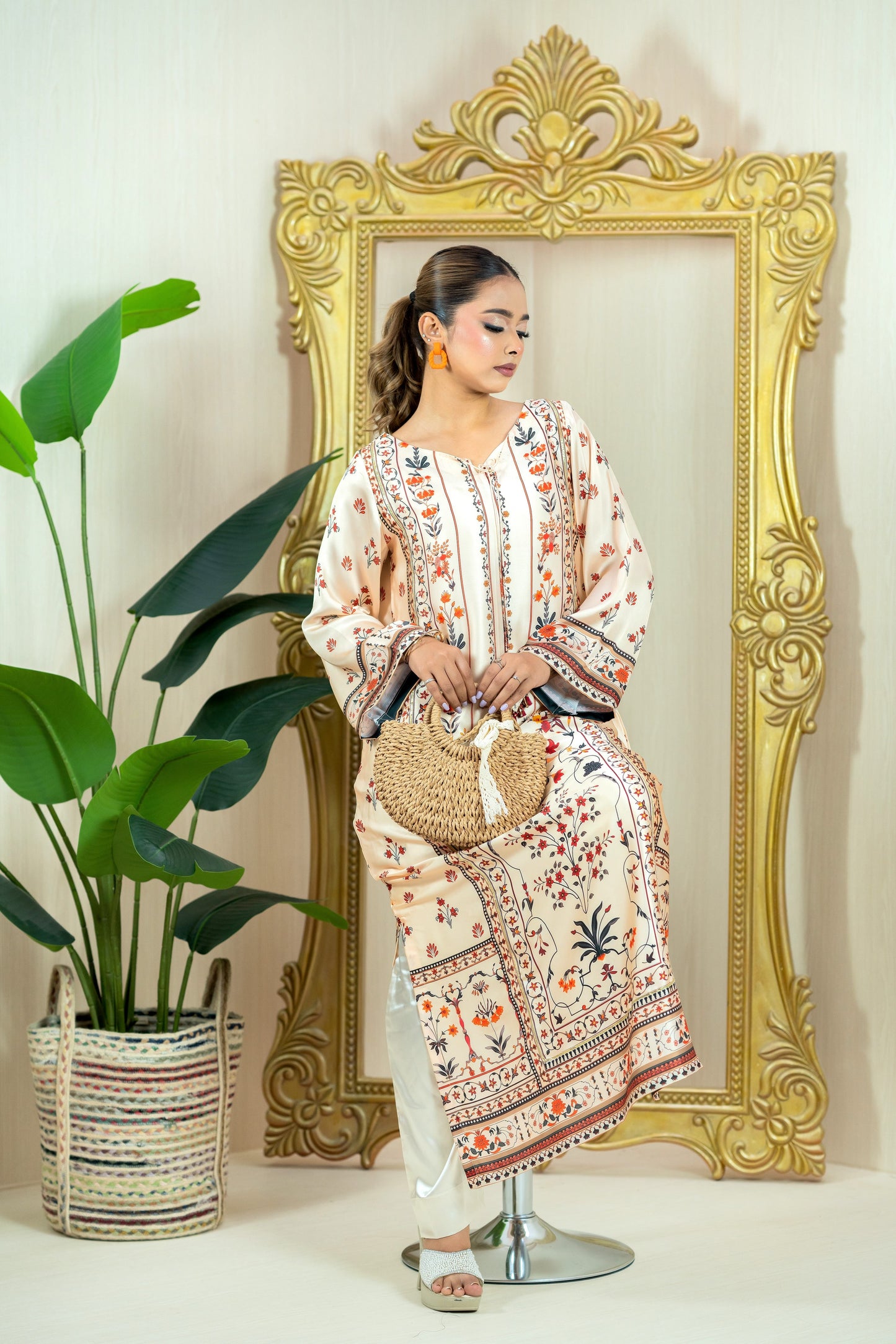 Ivory Bloom Printed Luxury Long Kameez