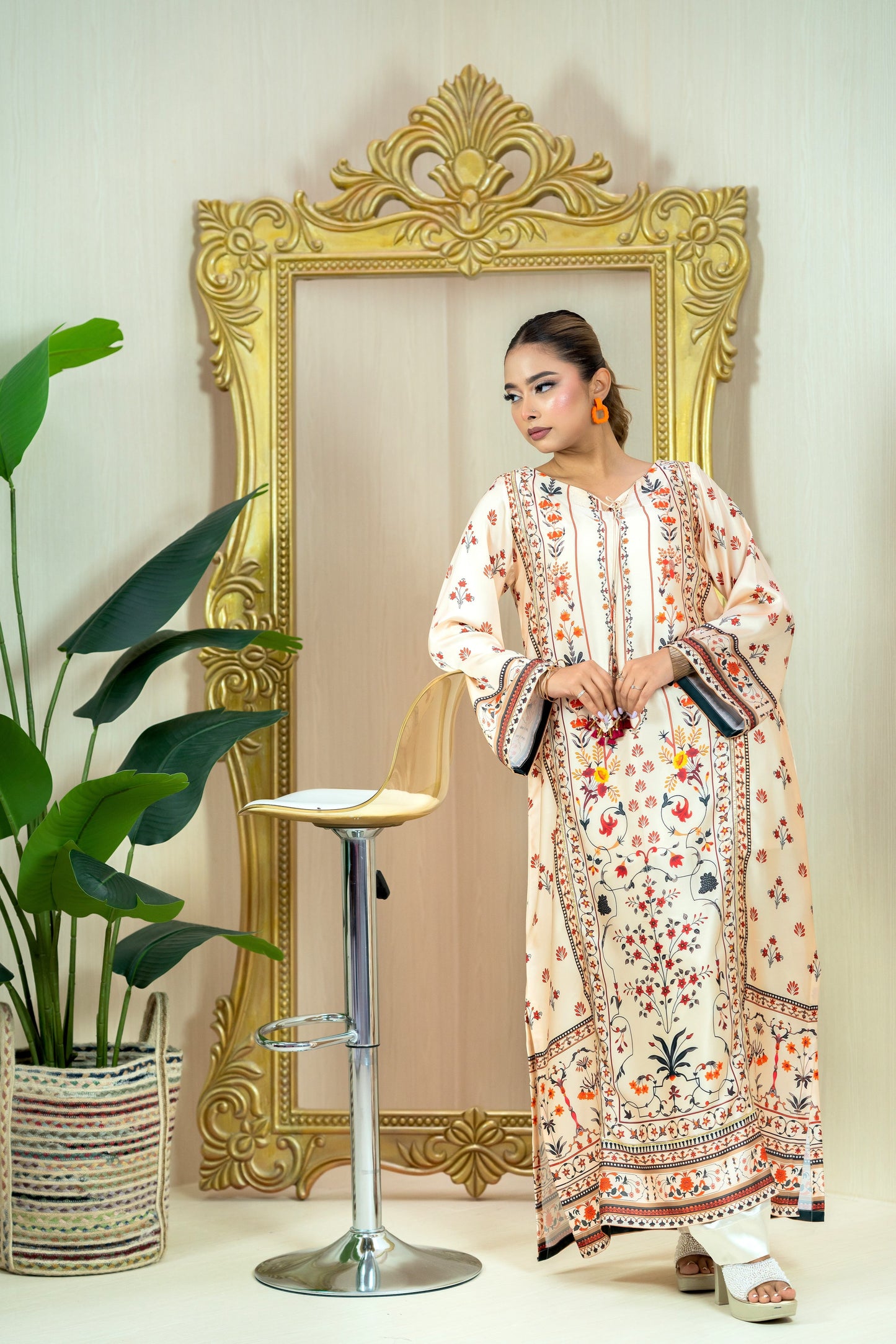 Ivory Bloom Printed Luxury Long Kameez