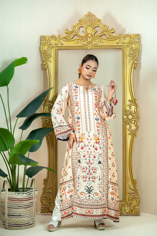 Ivory Bloom Printed Luxury Long Kameez