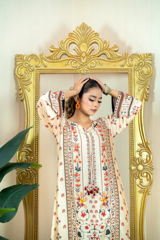 Ivory Bloom Printed Luxury Long Kameez