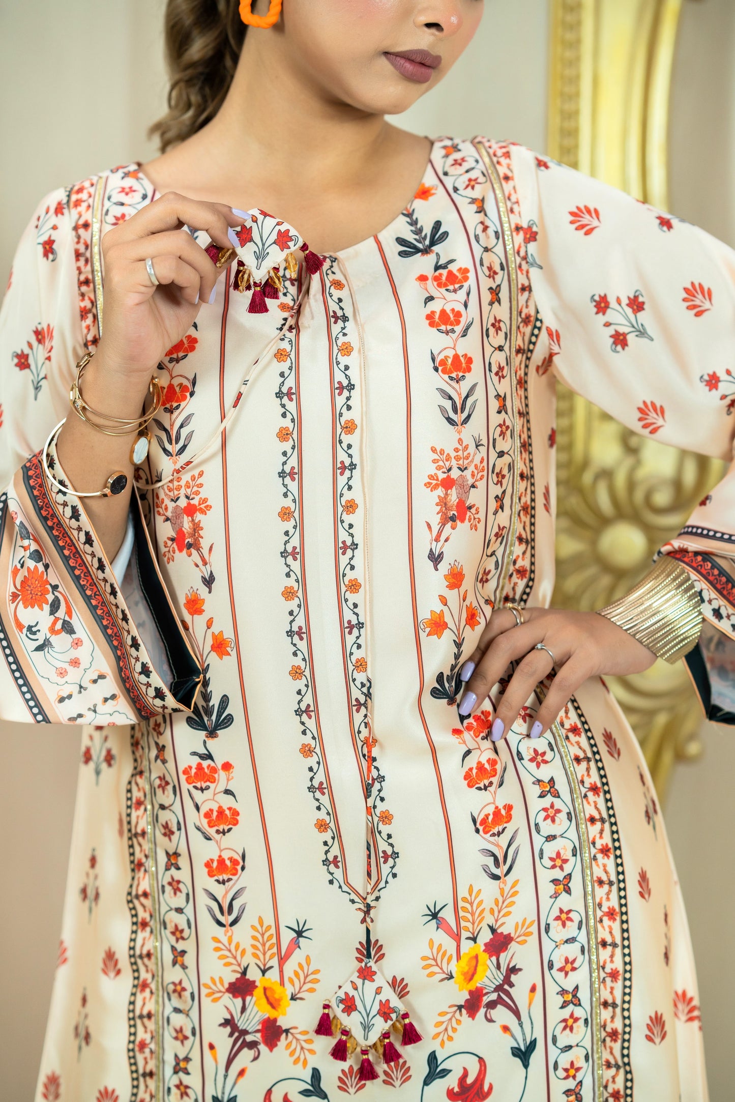 Ivory Bloom Printed Luxury Long Kameez
