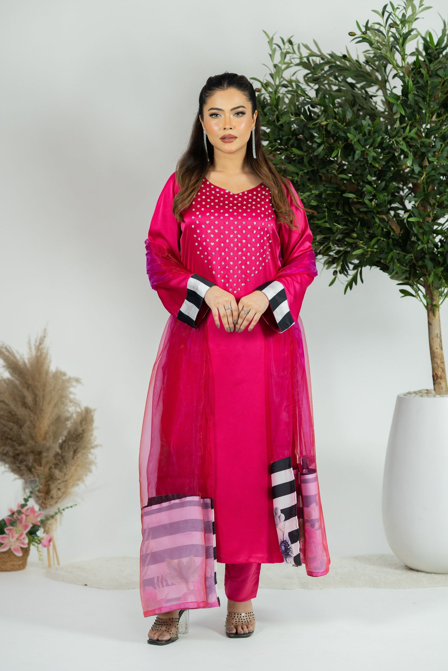 Fuchsia Luxe Satin Kurta Set with Printed Organza Dupatta
