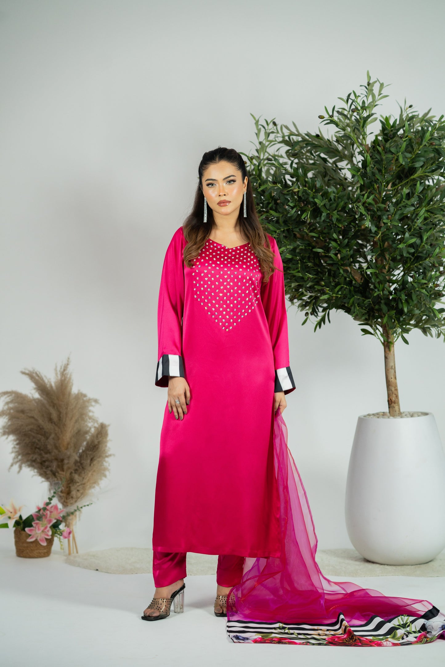 Fuchsia Luxe Satin Kurta Set with Printed Organza Dupatta