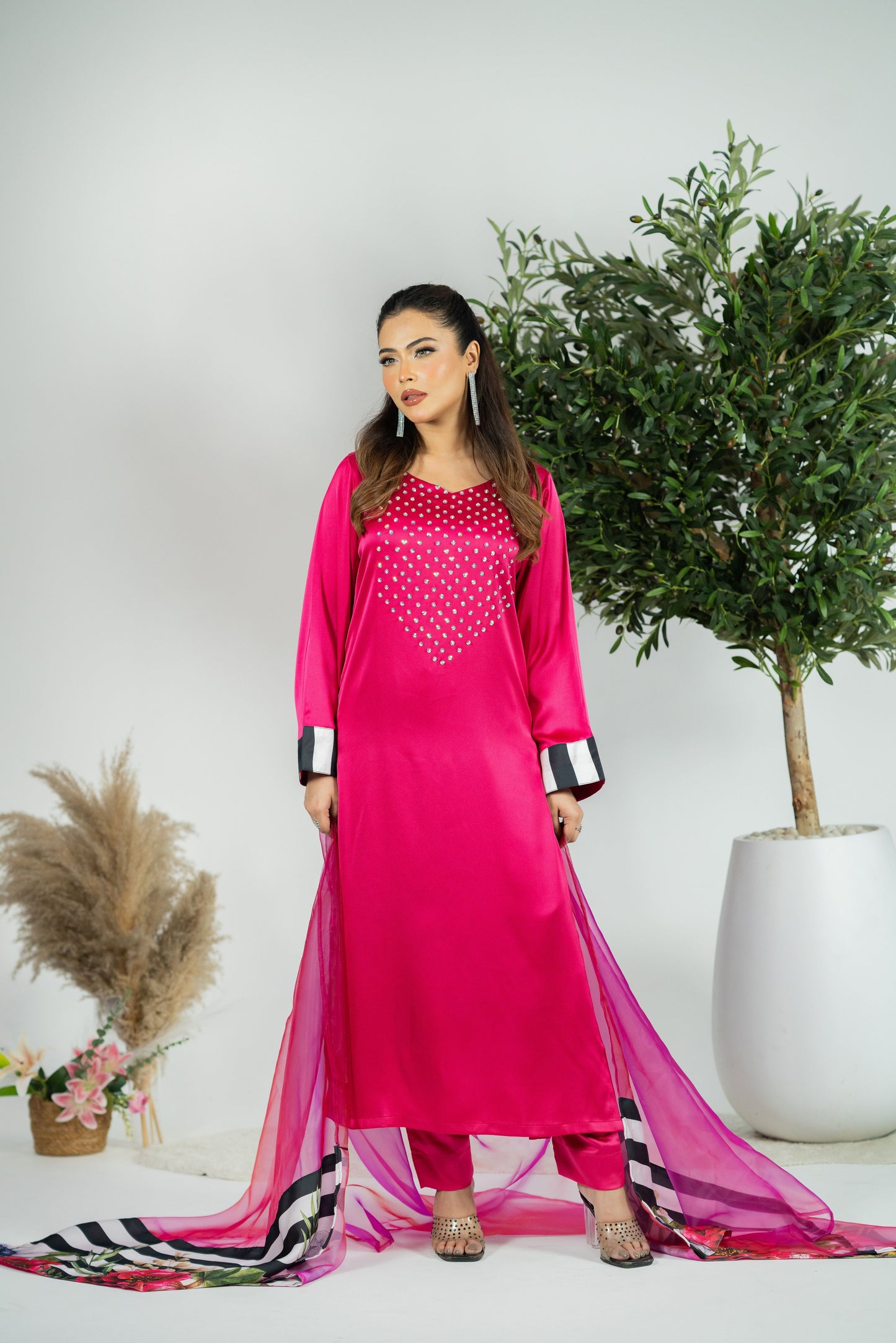 Fuchsia Luxe Satin Kurta Set with Printed Organza Dupatta