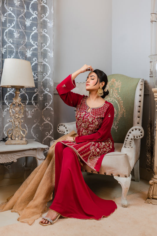 Crimson Peplum Set with Golden Dupatta